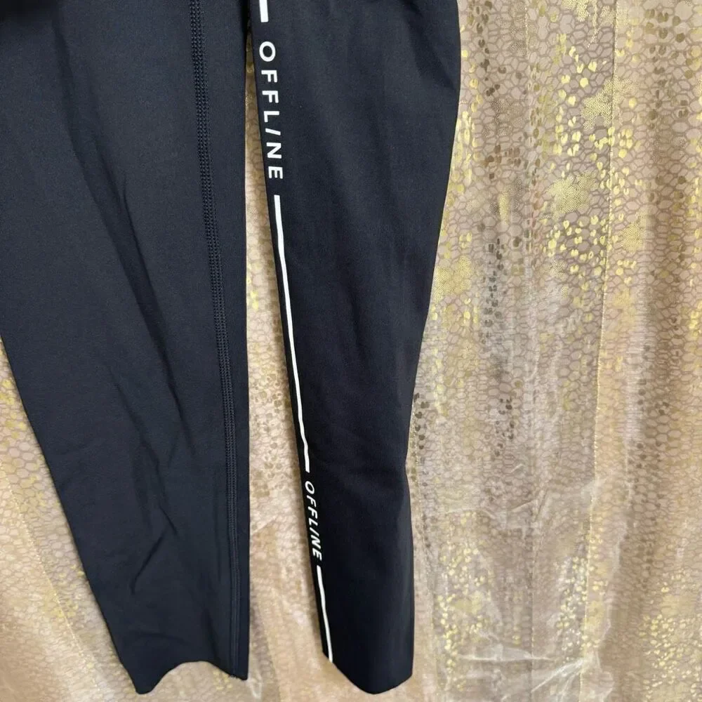 Aerie OFFLINE Goals Logo Leggings Black 7/8 Length Hi‎ Rise Small NWT